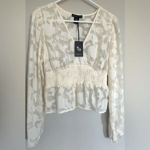 Sincerely Jules Sheer Floral Smocked Peplum Top NEW